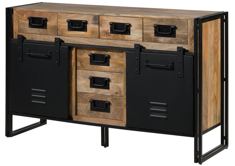 Credenza in legno di Mango 195x45x90 laccato chiaro naturale / ferro nero BLACKBURN #109