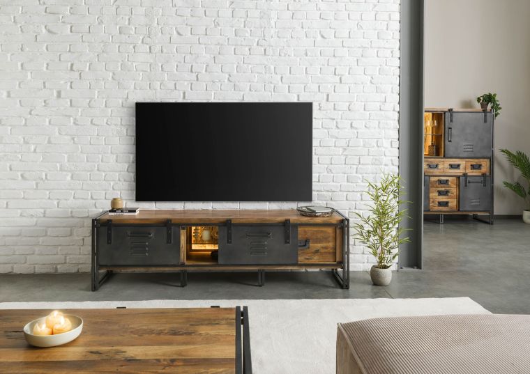 Mobile Tv in legno di Mango / Legno riciclato 200x45x55 Laccato naturale / ferro grigio BLACKBURN LUX #401