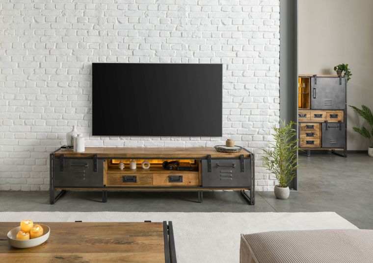 Mobile Tv in legno di Mango / Legno riciclato 220x45x55 Laccato naturale / ferro grigio BLACKBURN LUX #412