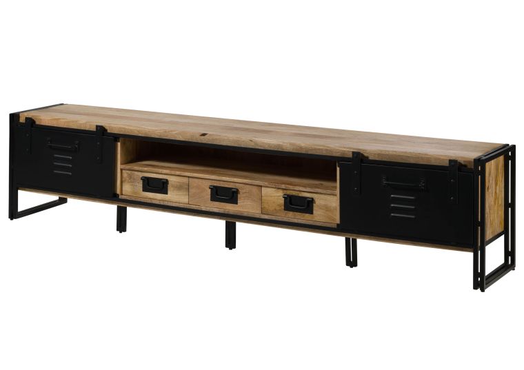 Mobile Tv in legno di Mango 260x45x55 Laccato chiaro naturale / ferro nero BLACKBURN #553