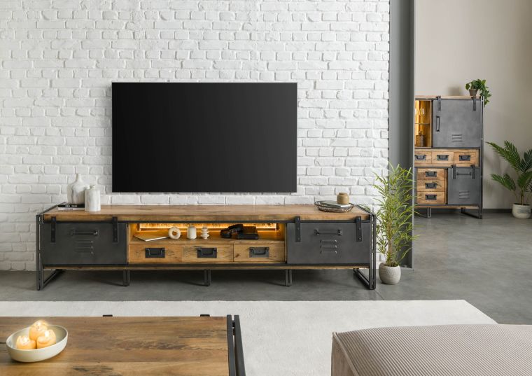 Mobile Tv in legno di Mango / Legno riciclato 260x45x55 Laccato naturale / ferro grigio BLACKBURN LUX #554