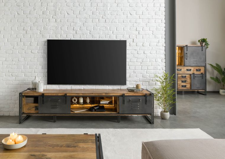 Mobile Tv in legno di Mango / Legno riciclato 240x45x55 Laccato naturale / ferro grigio BLACKBURN LUX #556