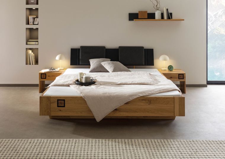 Letto in legno di quercia selvatica con cuscini da testiera e comodini inclusi 140x200 oliato naturale - laccato KITZBÜHEL #168